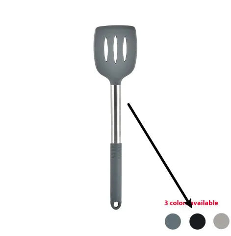 12 piece silicone kitchen utensil set with rotating storage bucket in black, dark grey or khaki colours
