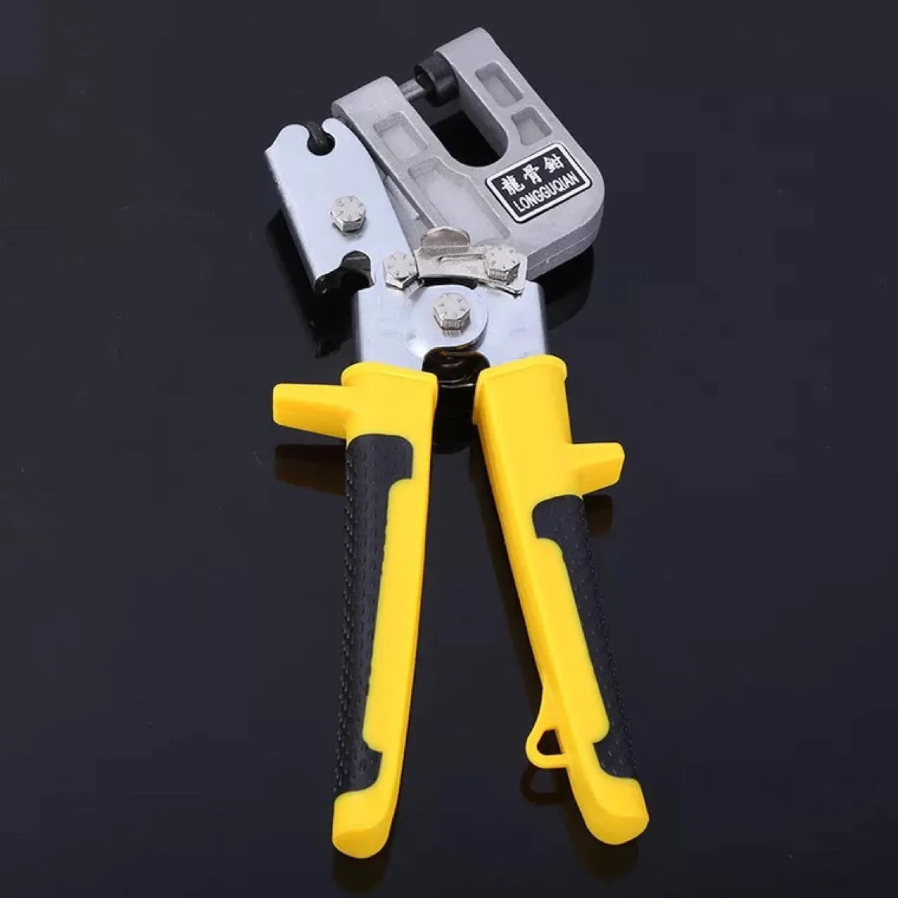 One-handed light steel keel pliers with yellow handle and 300 cm blade for ceiling fixing