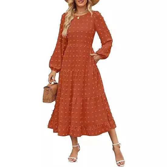 Women's solid colour long sleeve dress with ruffled sleeves and high waist in autumn colours