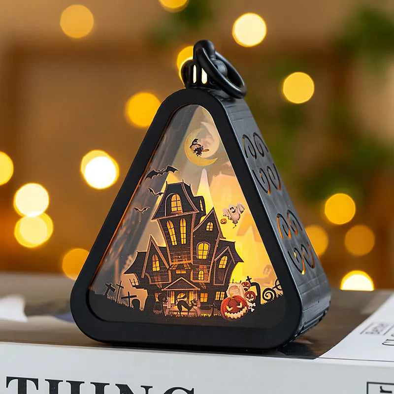 Halloween pumpkin lantern plastic decoration with castle, ghost hand, pumpkin, and witch colour variations