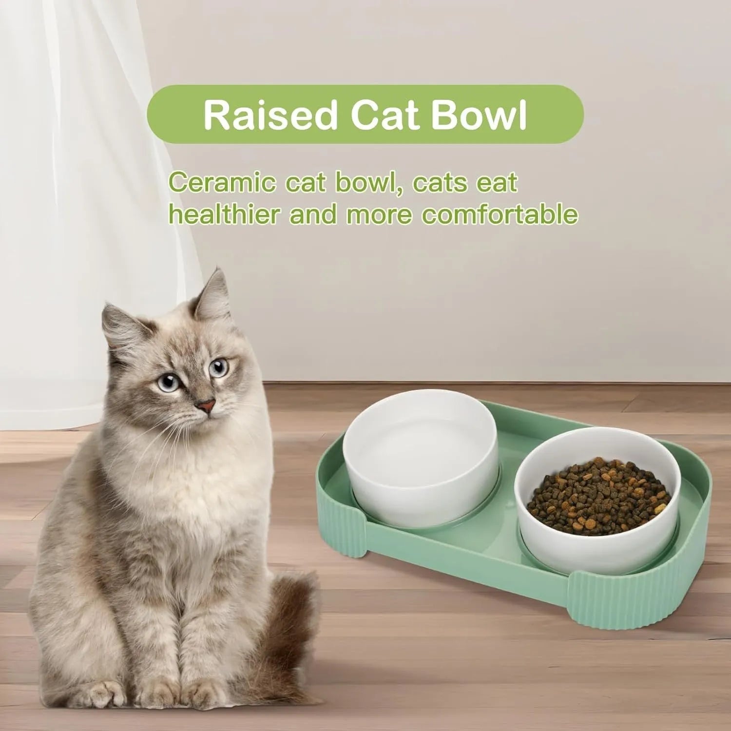 Green ceramic raised cat bowl set with two bowls on a tilted stand
