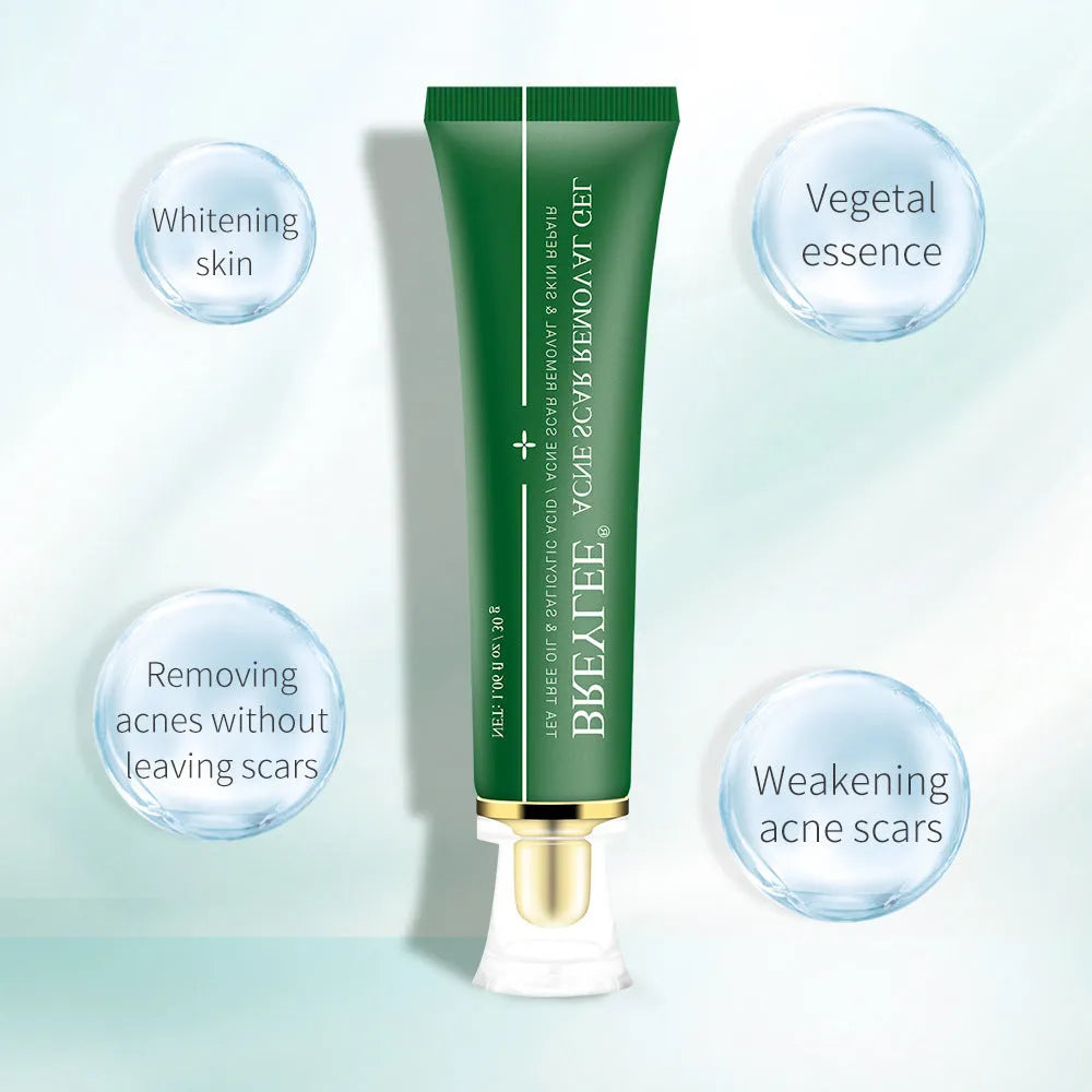 Green acne scar removal gel in a compact tube with tea tree extract for blemish treatment
