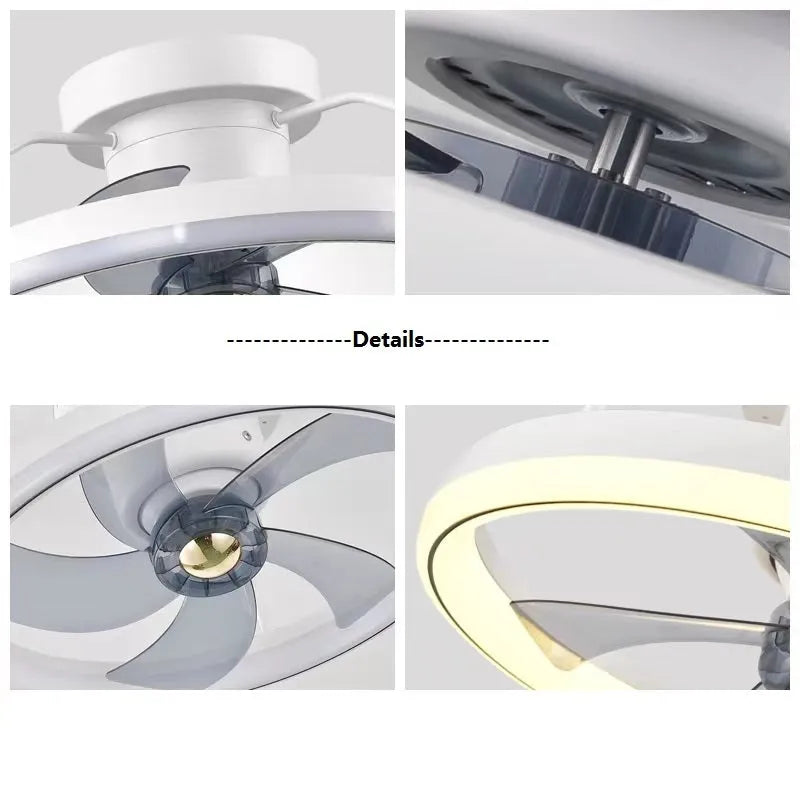 Modern simple style white ceiling fan lamp with integrated light fitting and PC blades.