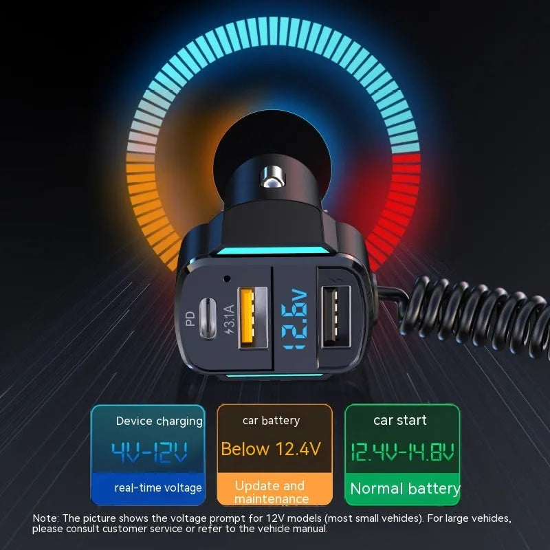 Black car 3-in-1 spring wire fast charge mobile phone charging plug with cable for 12-24V vehicles