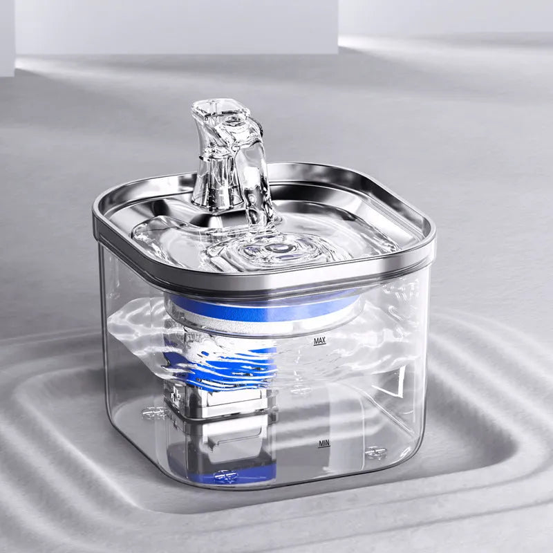 304 stainless steel automatic pet water fountain with 2L capacity and transparent base for multiple pets
