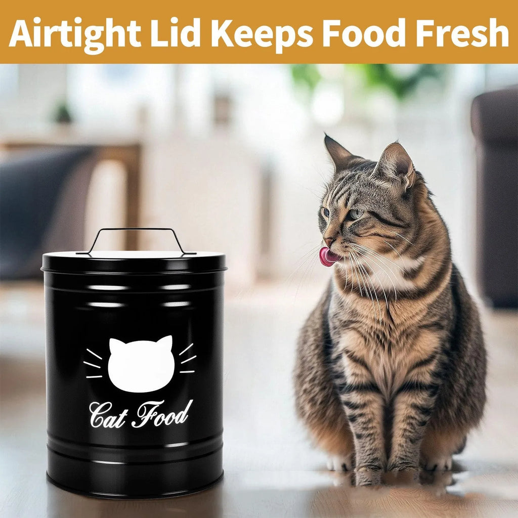 Round black metal storage tin with fitted lid showing moisture-proof seal for pantry organisation
