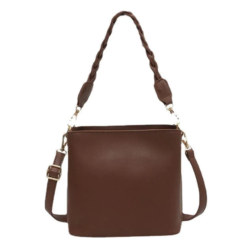 Woven PU one-shoulder crossbody bucket bag in retro style, shown in khaki colour.