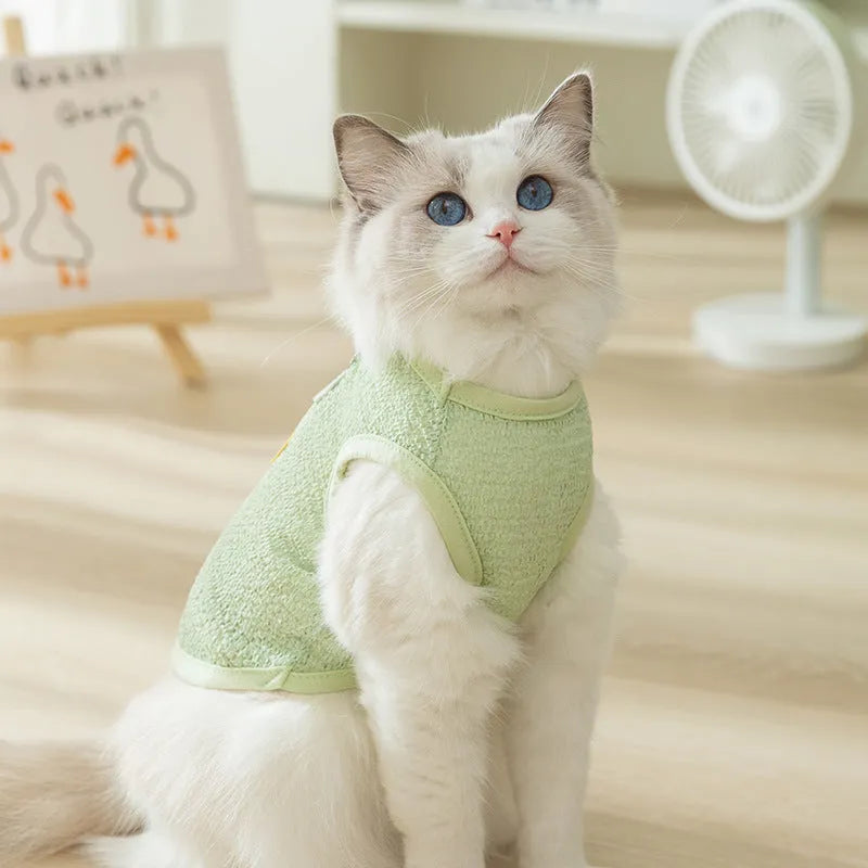 Green hollowed-out cat clothes with cartoon bear patch on knitted fabric