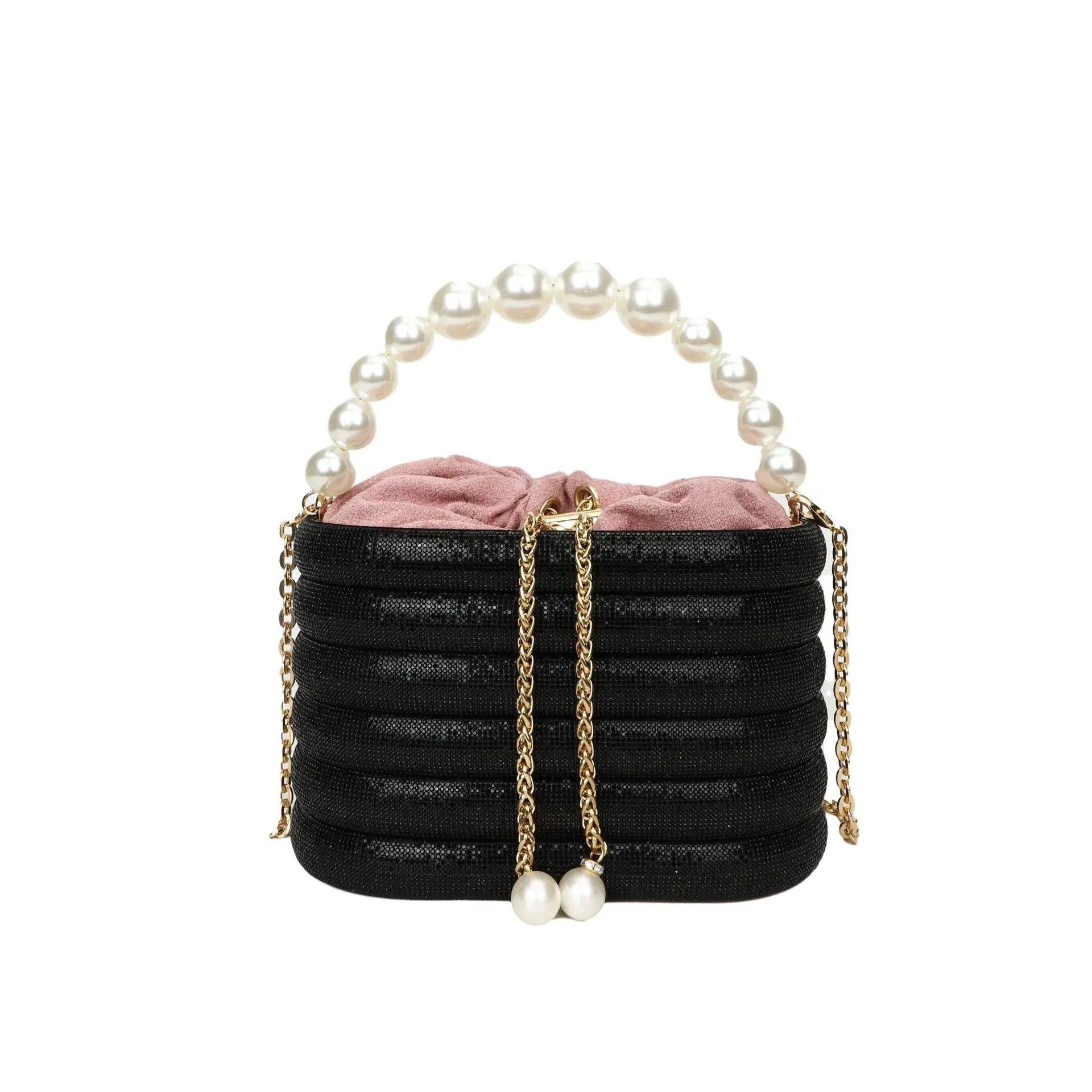 Women's crossbody bag with pearl beaded detailing in soft PU leather showing European retro style and single shoulder strap