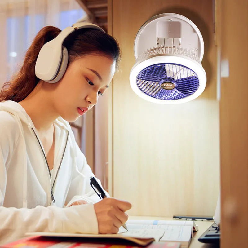 Blue foldable USB desk fan with LED light showing wall mount and ceiling hanging options