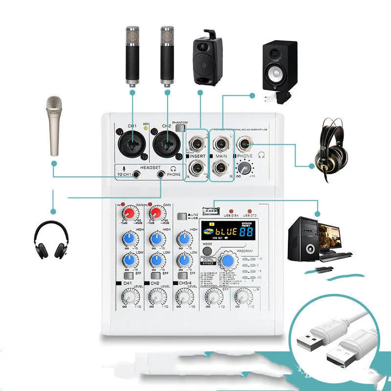 White Mancheze4 Mini 4-channel sound card mixer with Bluetooth and USB interface