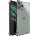 Clear TPU shockproof iPhone case showing transparent protection on multiple iPhone models