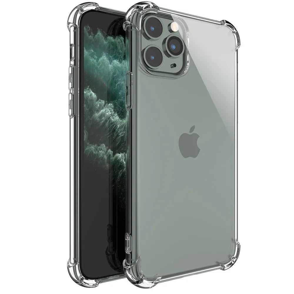 Clear TPU shockproof iPhone case showing transparent protection on multiple iPhone models