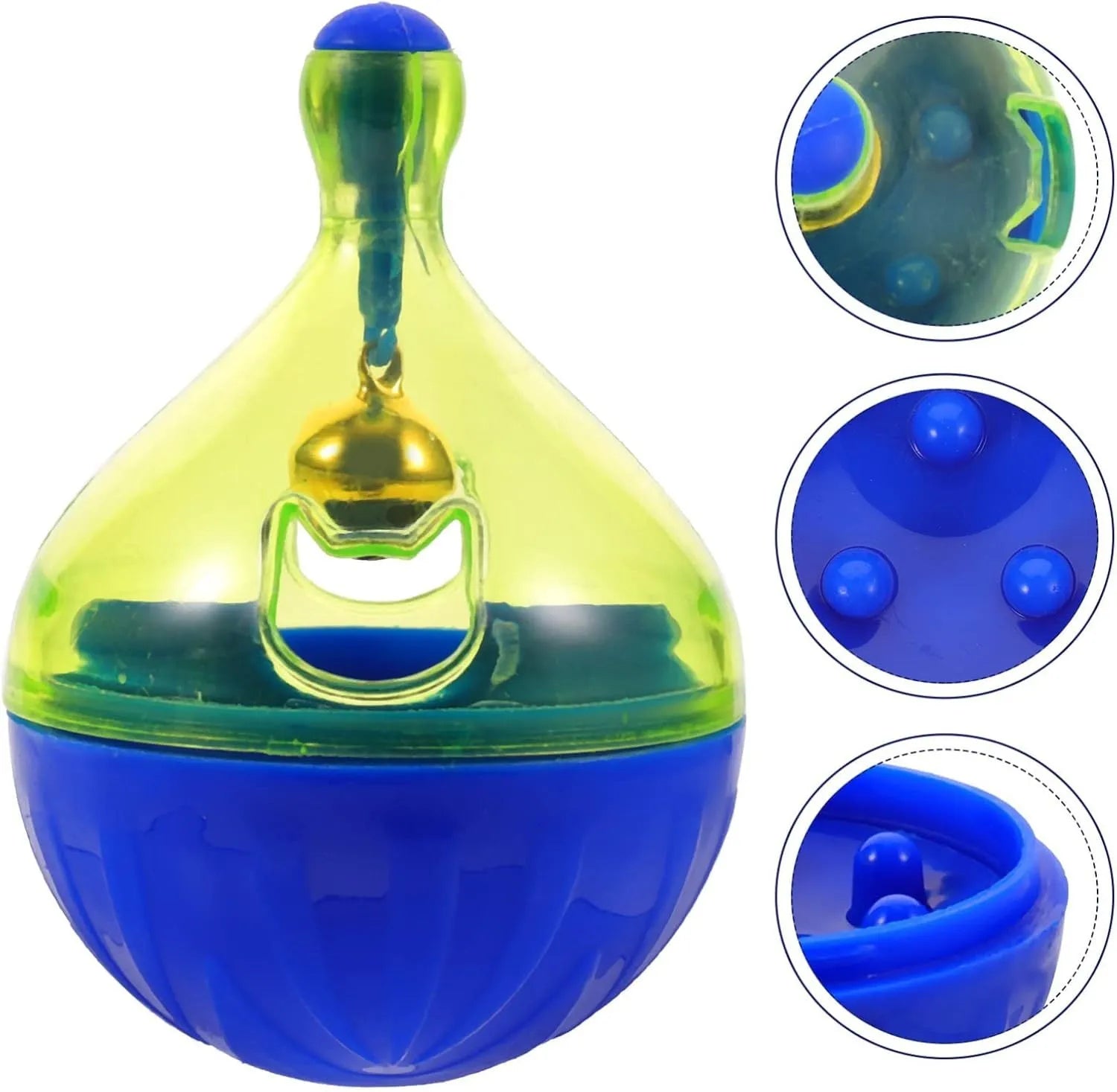 Blue tumbler-shaped pet treat dispenser toy for dogs and cats on wooden floor