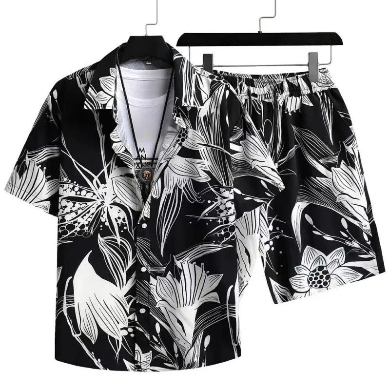 Men's digital printed cardigan and shorts casual suit set in elastic fabric