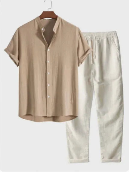 Men's loose fit linen-blend short sleeve shirt and trousers casual suit set on a hanger.