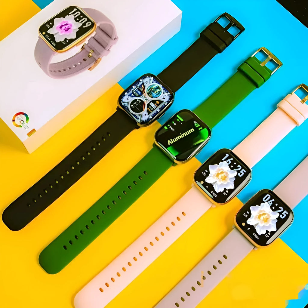 NFC Compass Smart Watch with Bluetooth Call AMOLED Screen in black, showing health monitoring features and touch buttons