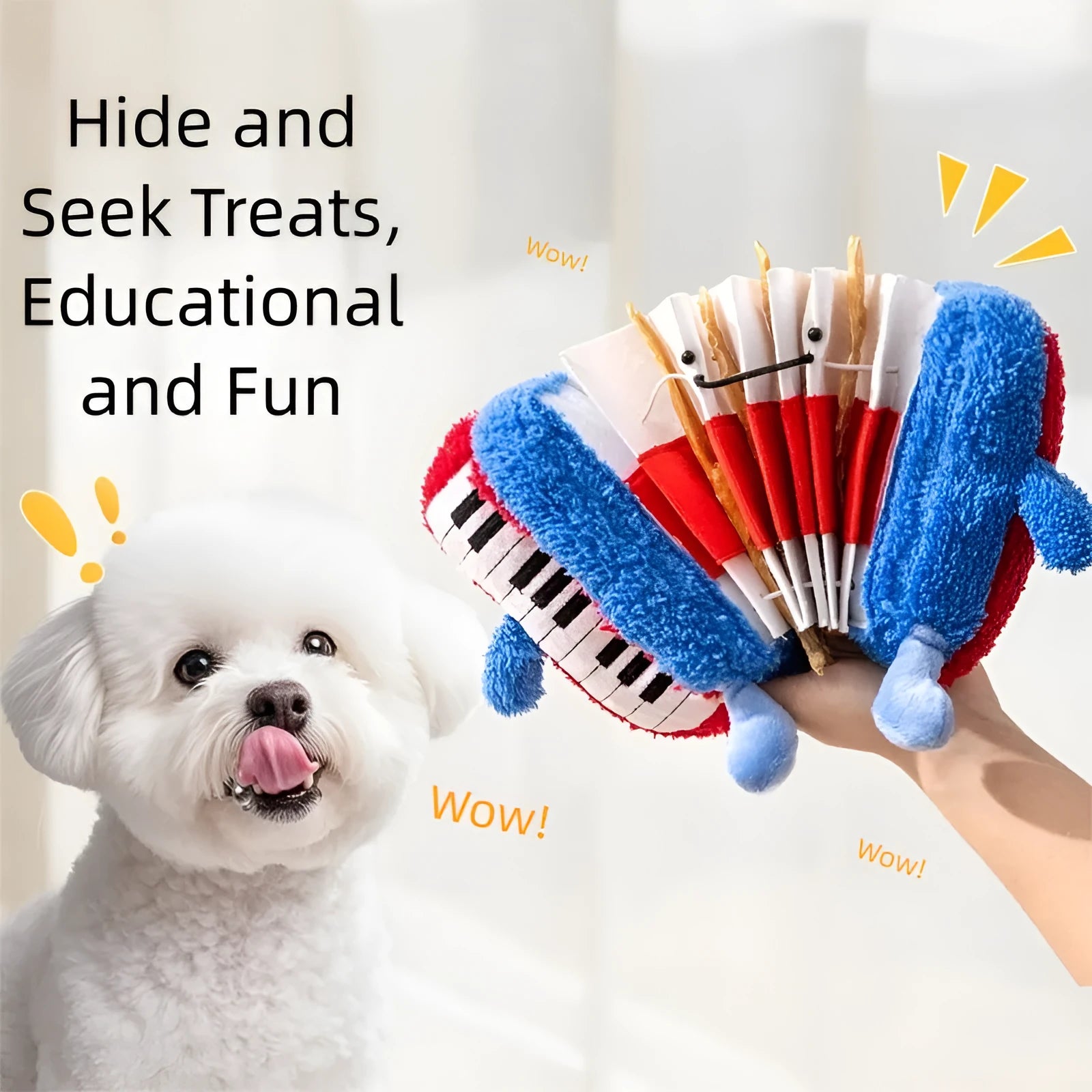 Accordion-shaped dog squeak toy in blue and white for interactive play and stress relief