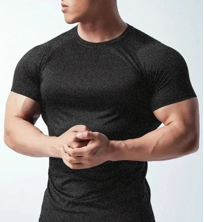 Men's casual short sleeve round neck t-shirt in black, grey, green, or pink, made from quick-dry polyester fabric.