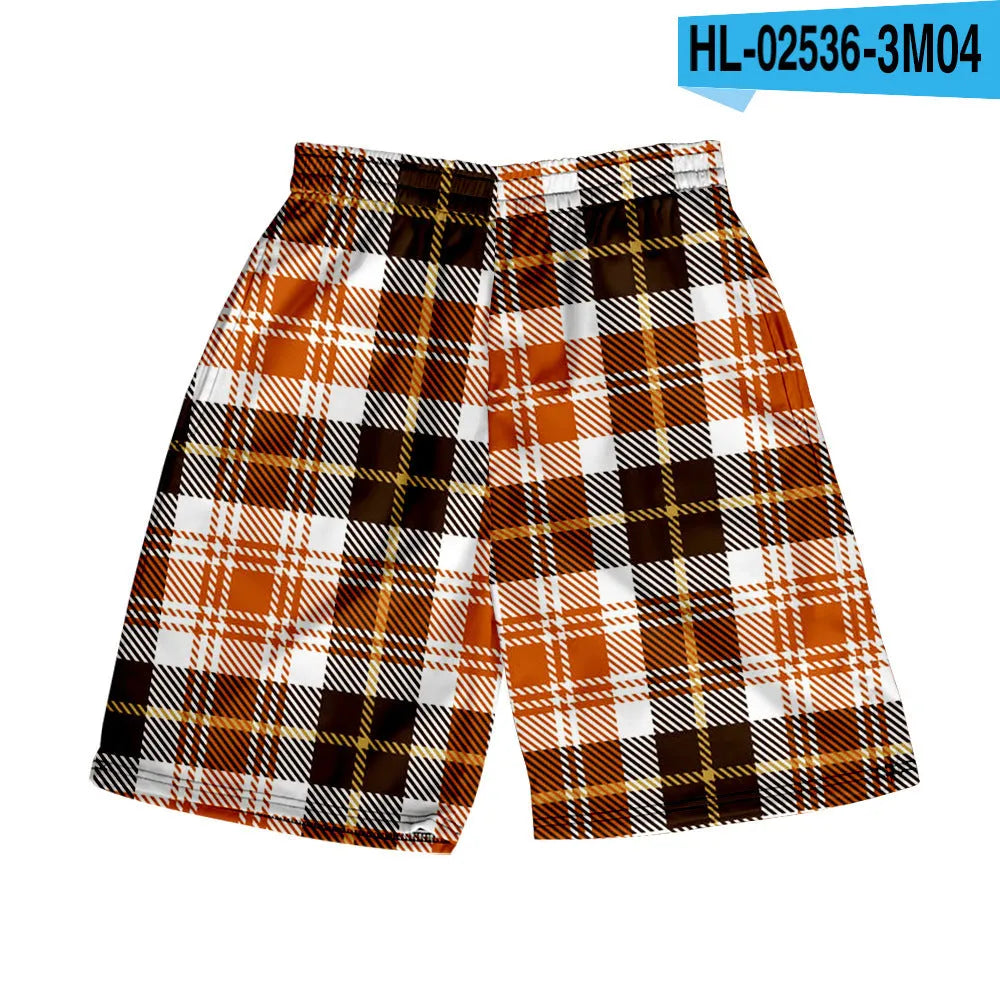 Men's polyester plaid shorts with elastic waistband in straight-leg casual style