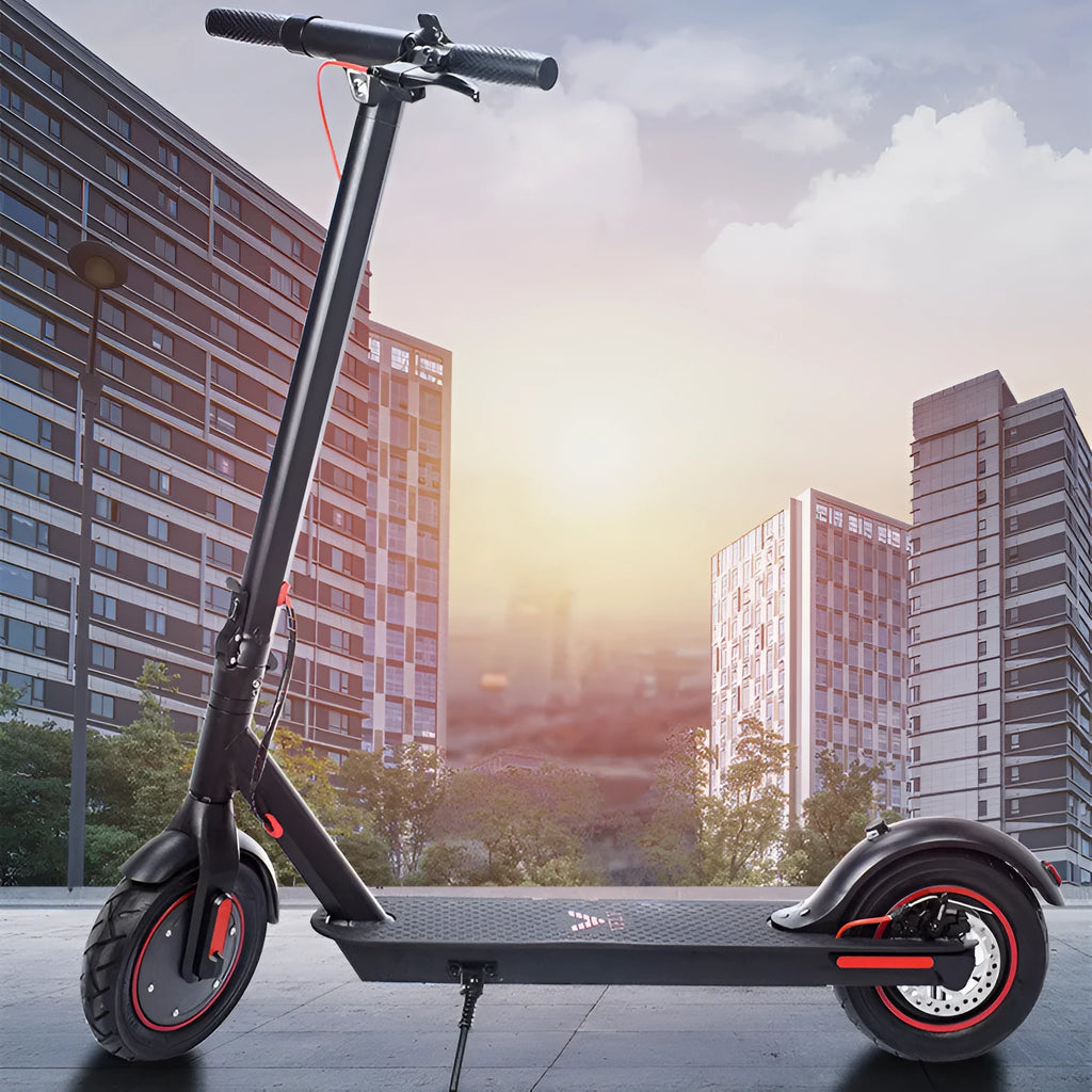 Black aluminum alloy electric folding scooter with 10-inch tyres and dual brakes on a plain background