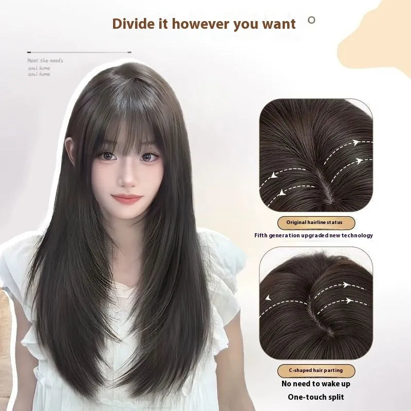 Full-head wig with long straight black layered hair and brown black bangs