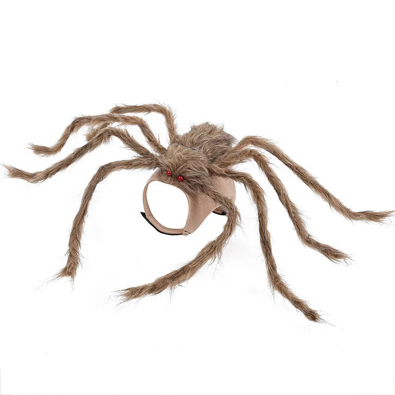 Grey spider Halloween costume on a dog showing the full outfit with multiple legs.