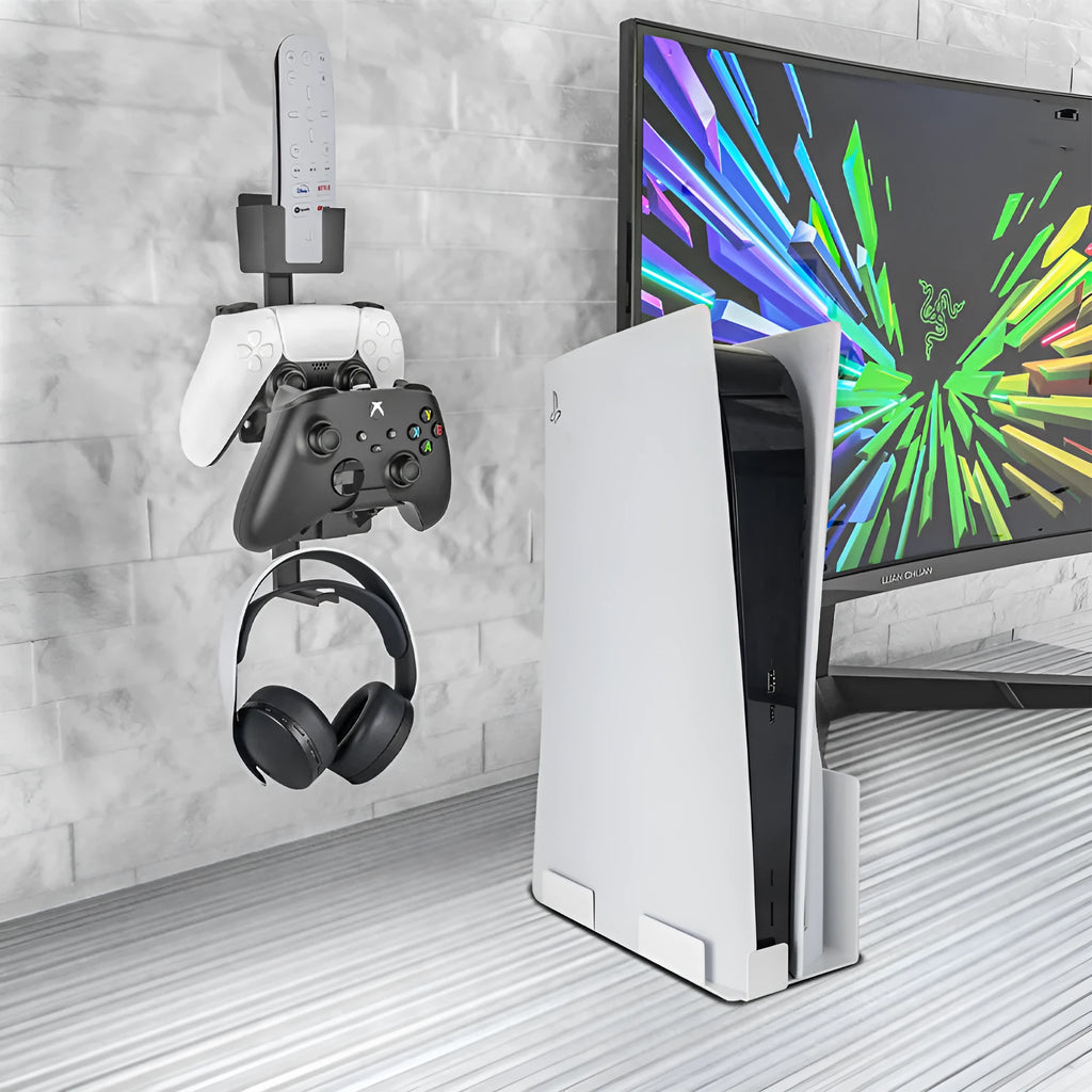 White ABS plastic wall hook holding a PS5 controller and gaming headset.