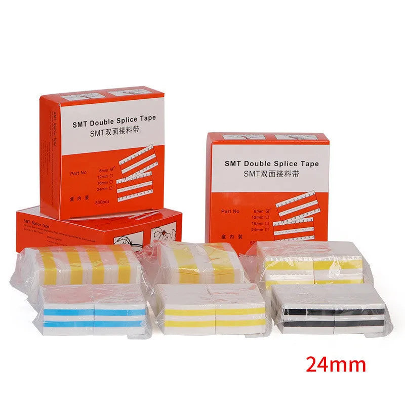 Rolls of yellow, black, blue, and gum coloured SMT double-sided splicing tape in various widths.