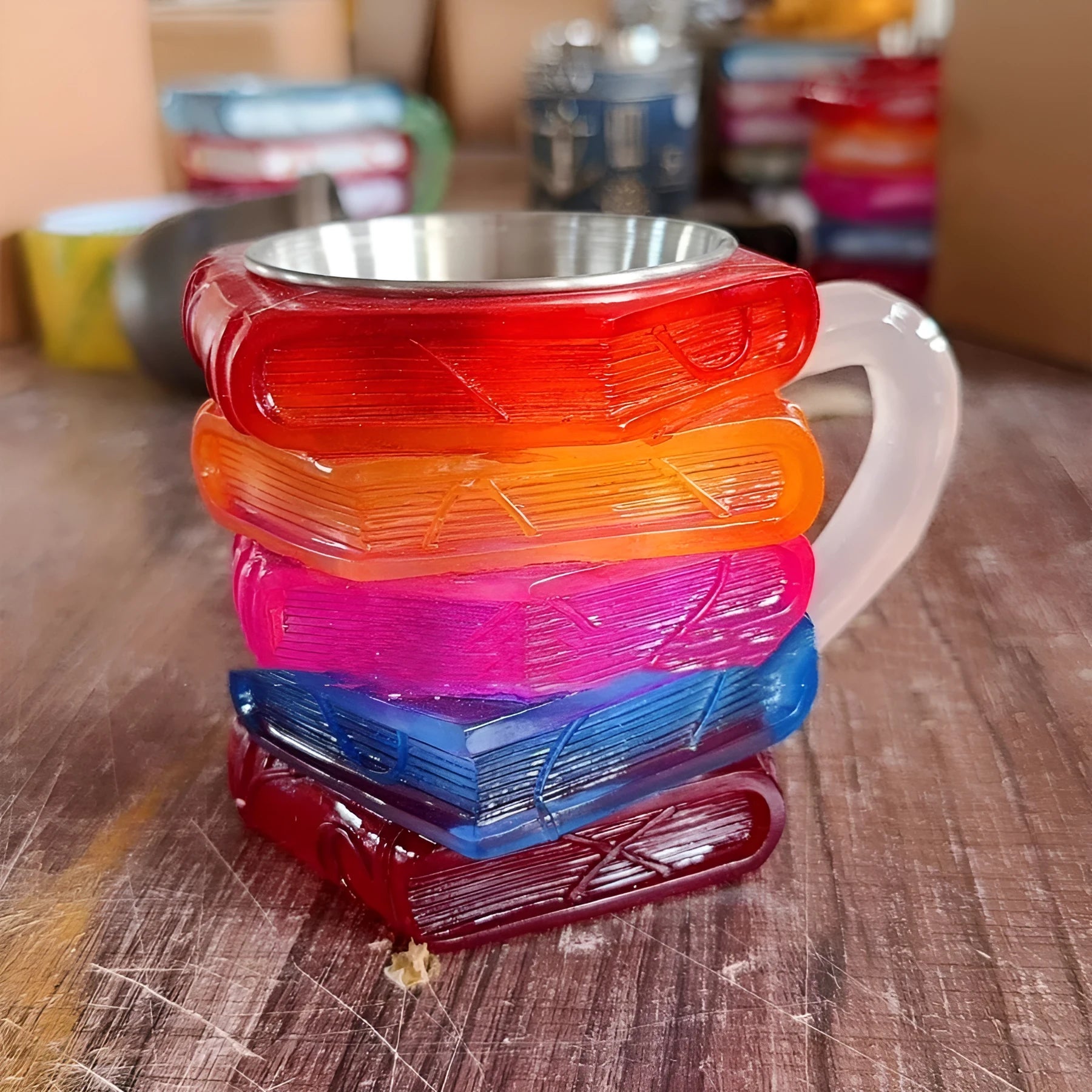 Hand-painted synthetic resin decorative coffee cup ornament with library or pattern design