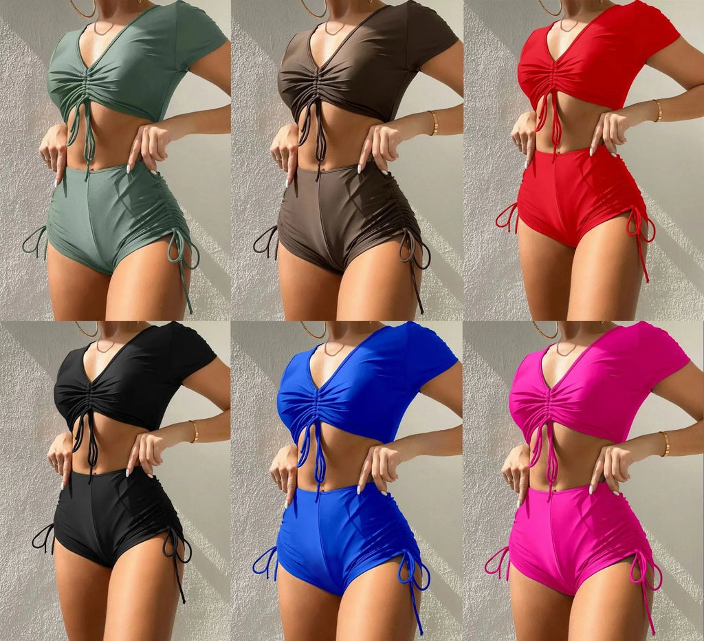 Women's lace-up bow two-piece swimsuit in dark green with separate top and shorts