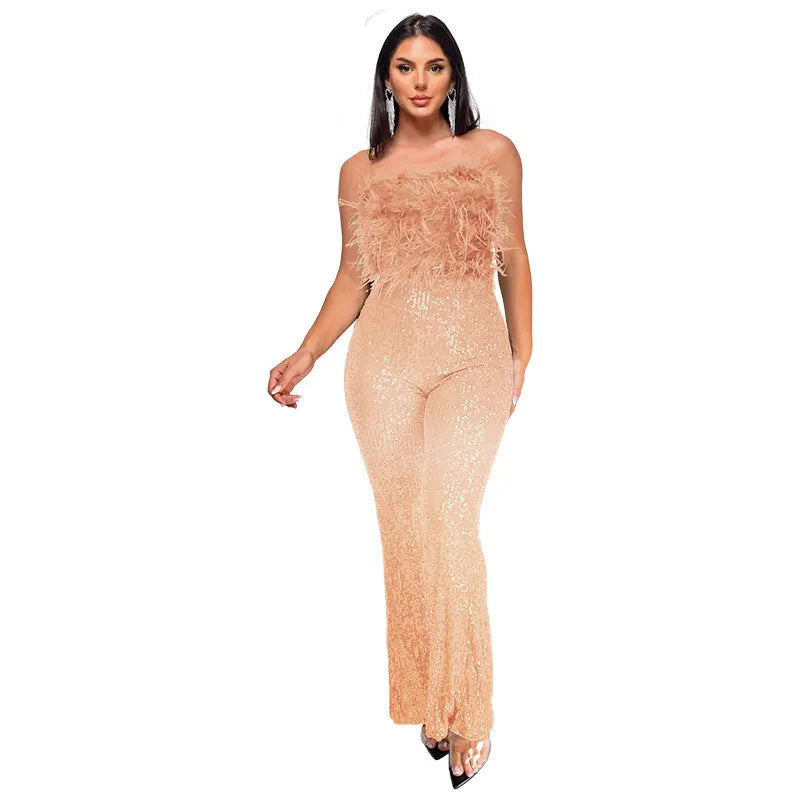 Women's sleeveless backless jumpsuit with flared legs and sequin detailing in wine red colour