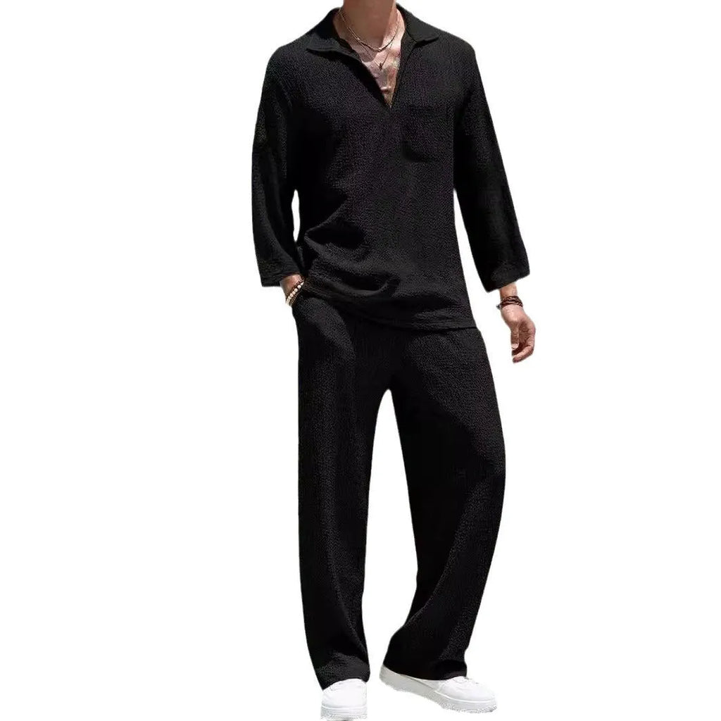 Men's casual polyester shirt and trousers set in lake blue, shown as a co-ordinated autumn leisure outfit.