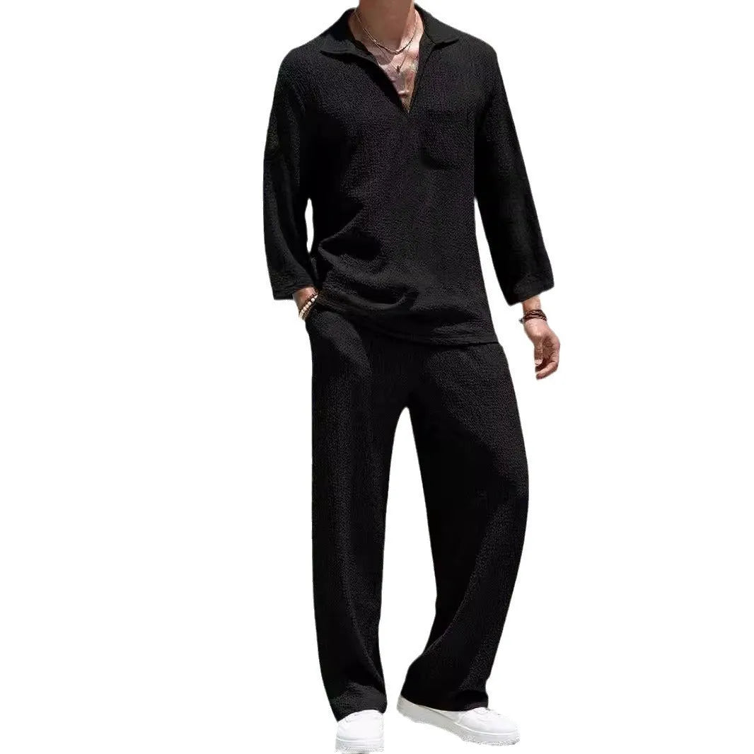 Men's casual polyester shirt and trousers set in lake blue, shown as a co-ordinated autumn leisure outfit.