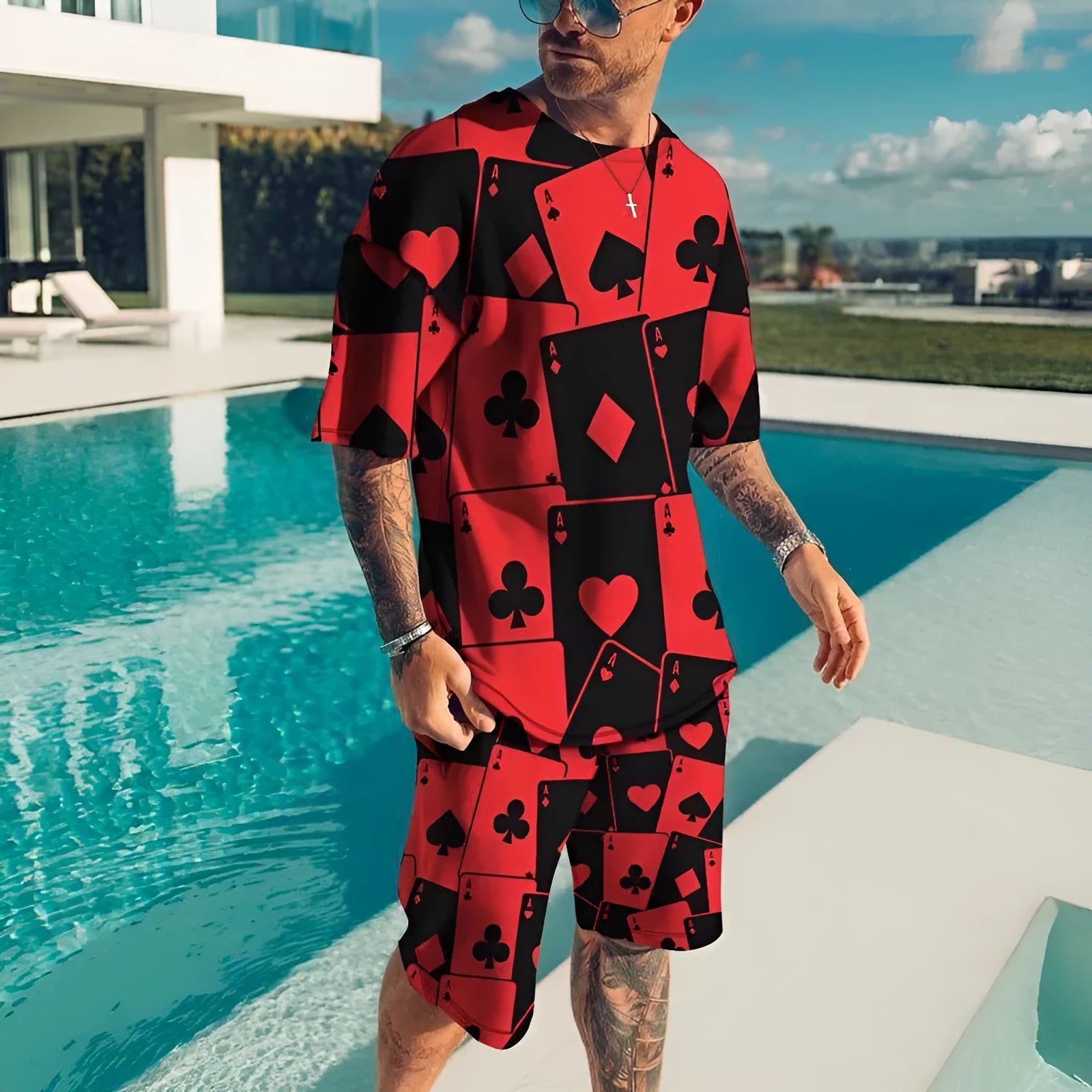 Short sleeve men's leisure set suit in mesh cloth with matching shorts, colour K155