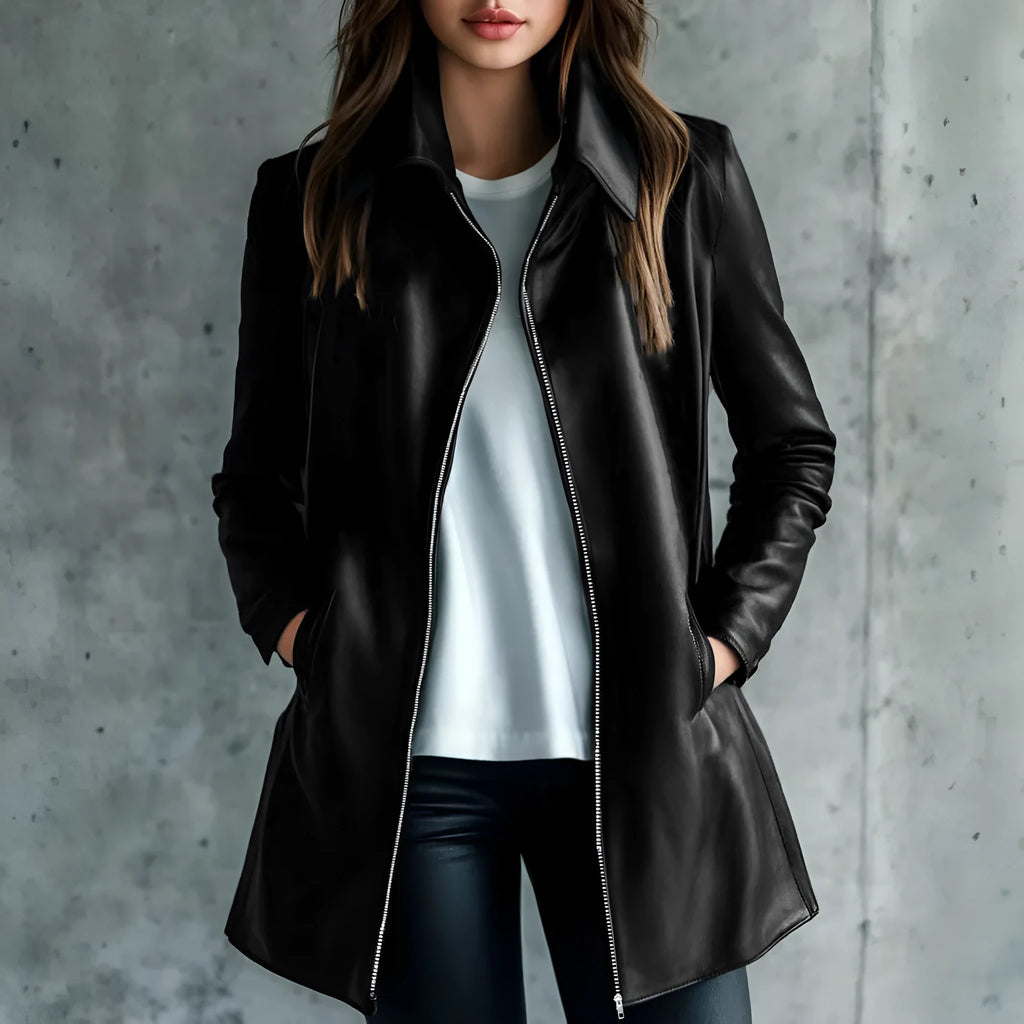 Women's black medium-length leather jacket with long sleeves on hanger