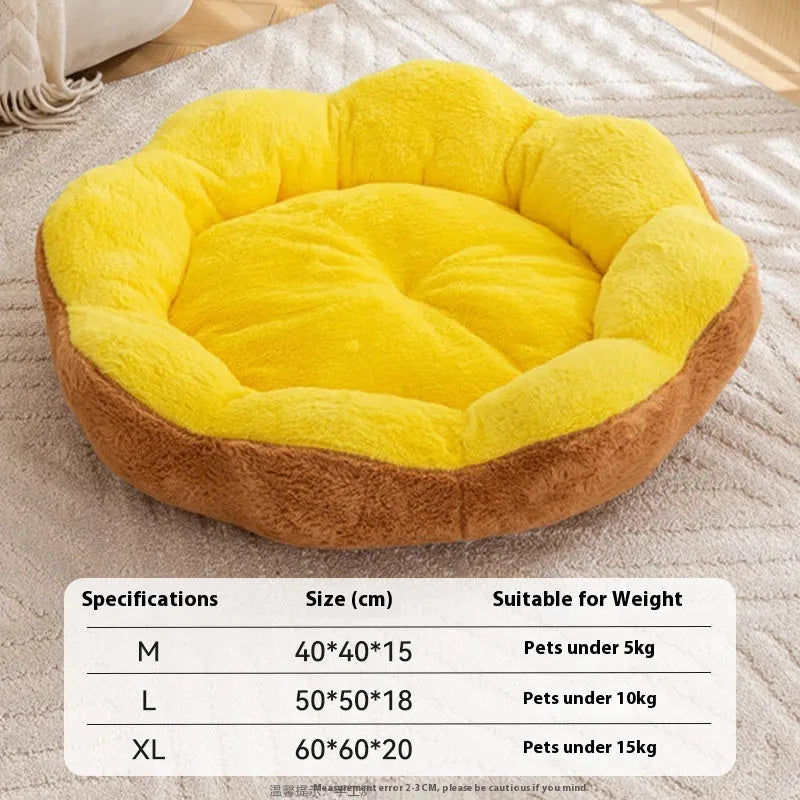 Round detachable rabbit plush pet bed in brown gray colour showing thick fabric and nest shape