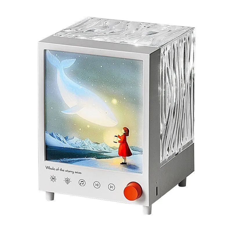 Aurora Treasure Box atmosphere projection lamp with Bluetooth speaker showing Star Sea Whale light colour and compact design
