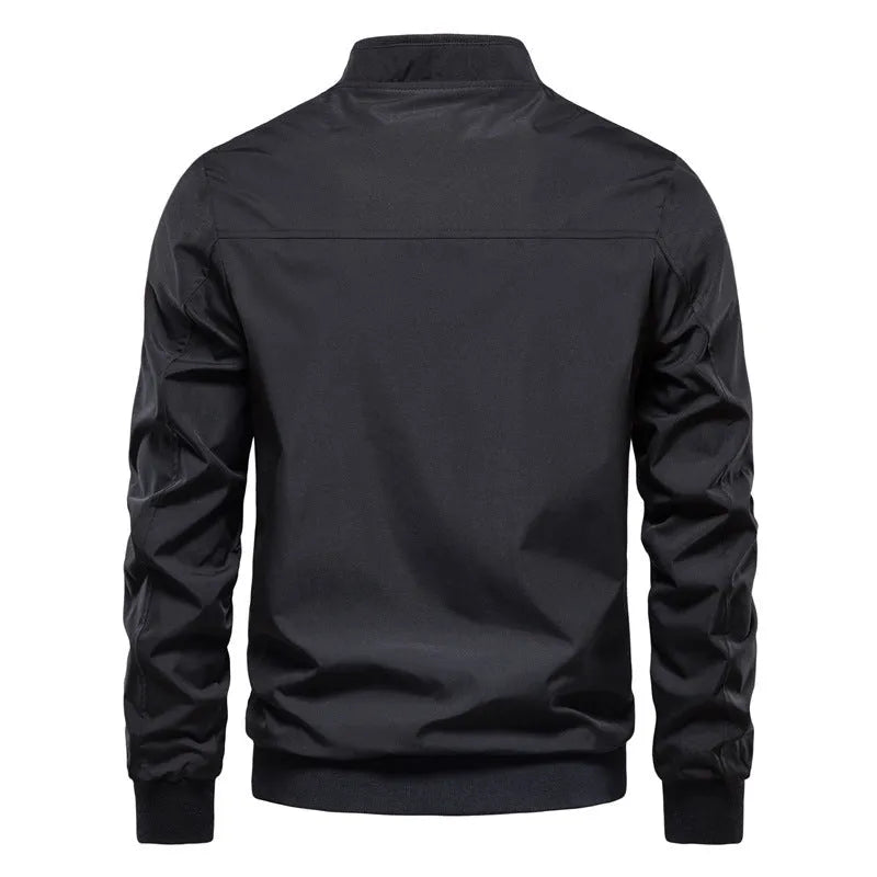 Men's thin solid colour casual jacket in polyester, shown in army green, dark blue, and black.