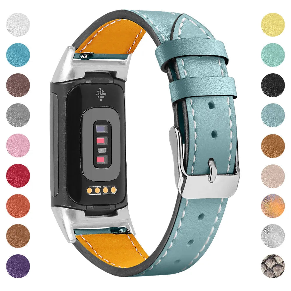 Genuine cowhide leather replacement watch strap for Fitbit Charge 5 and Charge 6 smartwatches.