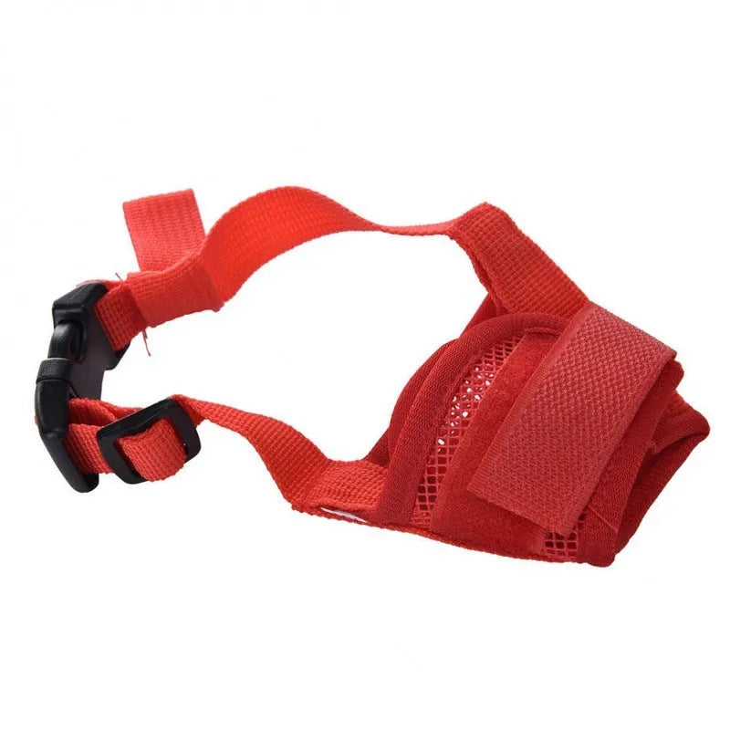 Adjustable plastic dog safety muzzle in black, shown on a size chart.