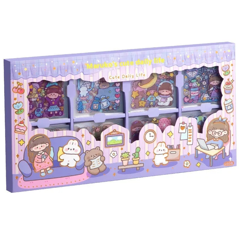 Children's themed sticker collection box with five printed adhesive designs