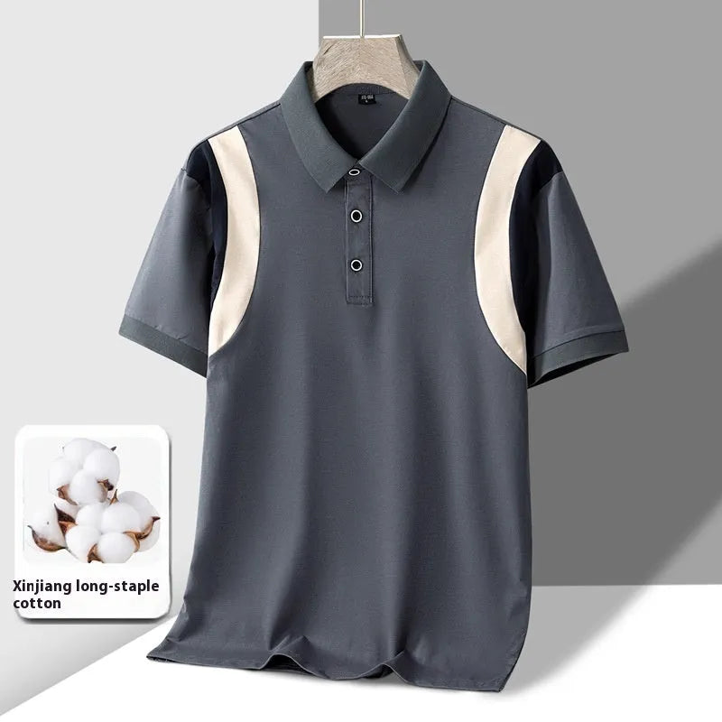 Men's gray cotton lapel T-shirt on a hanger, showing V-neck and short sleeves.