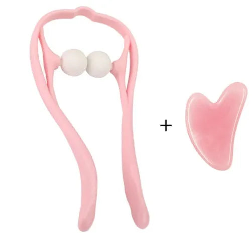 Blue plastic swan-shaped neck massager with hand roller and adjustable stand on a white background