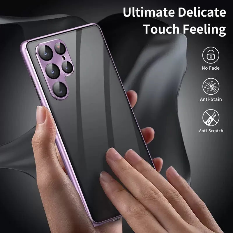 Peep-proof magnetic mirror phone case for Samsung S24 Ultra in black metal construction