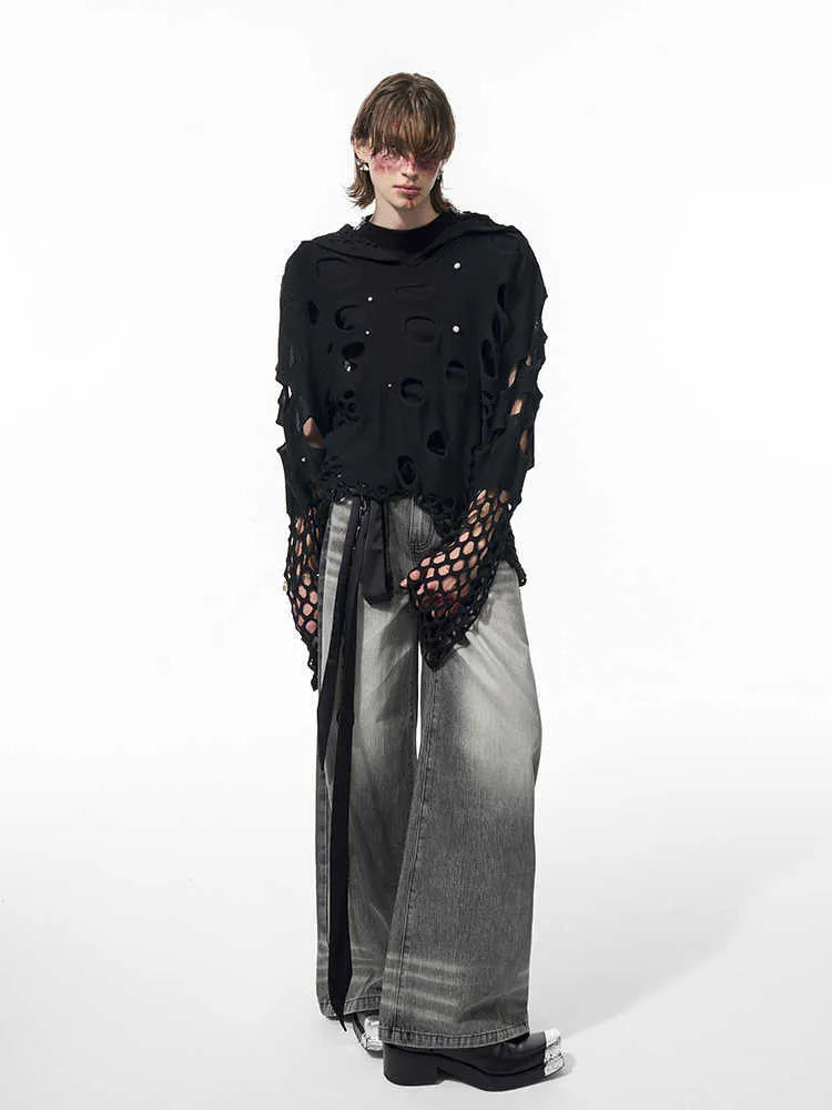 Men's black hooded sweater with pearl decorative detail on hood