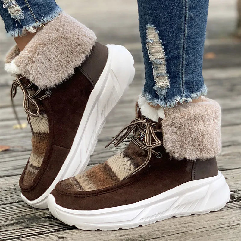 Women's lace-up snow boots with fuzzy suede upper, thermal plush lining, and thick rubber sole in beige colour