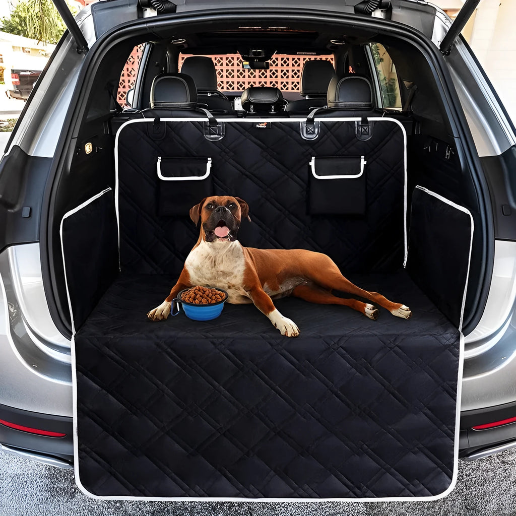 Black 600D Oxford cloth pet car trunk mat measuring 185x103cm with pockets for dog travel