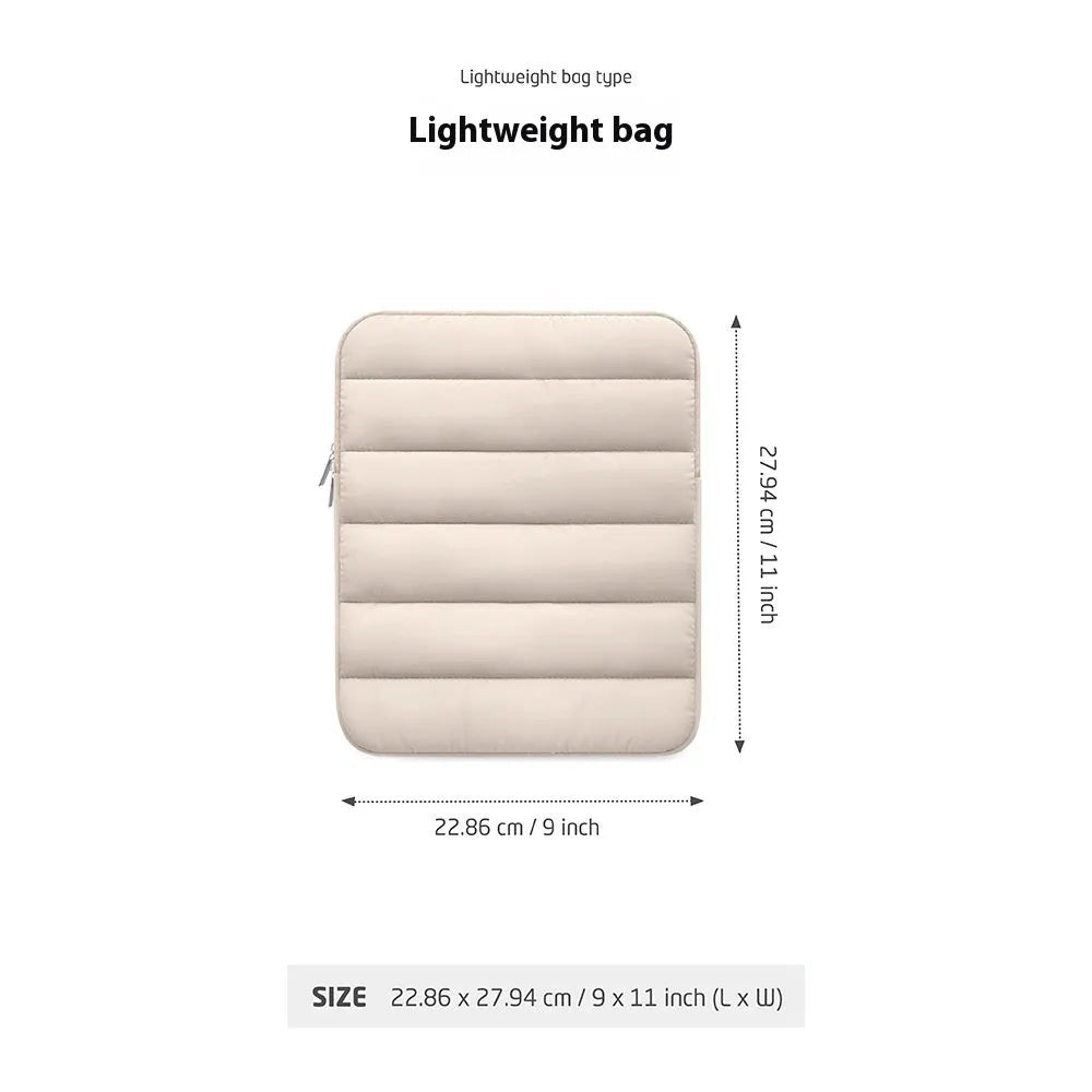 Fluffy air puff laptop sleeve with elastic sides for 9.7-11 inch devices in black, khaki, silver