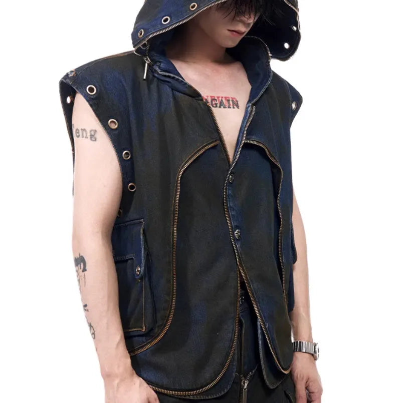 Blue hooded denim vest coat and matching trousers set with zipper front closure